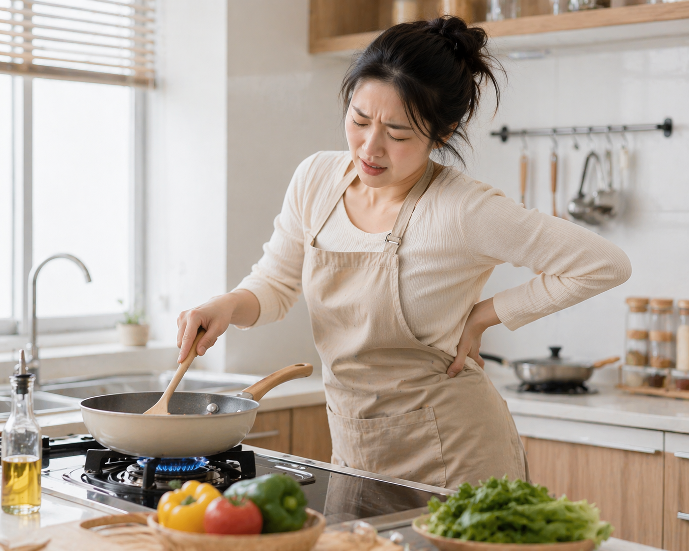 Đau lưng sau sinh khi nấu ăn