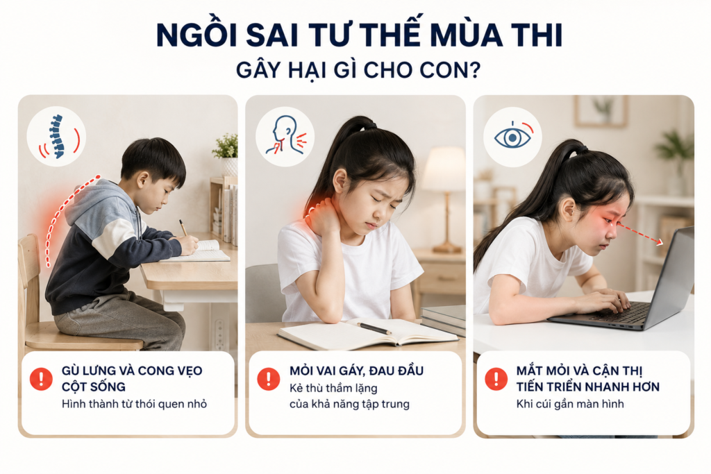 Ngồi sai tư thế mùa thi gây hại gì cho con?